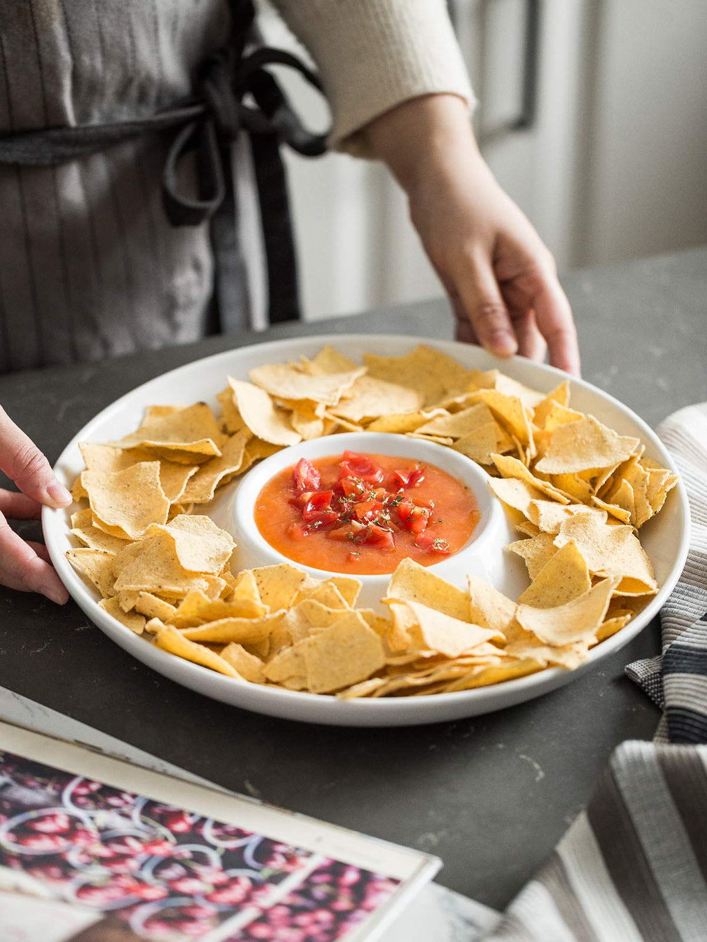 LAUCHUH Chip & Dip Serving Set of 1, Porcelain Divided Serving Tray,12-inch