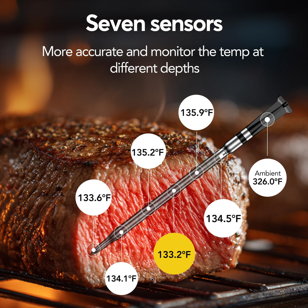BBQOVN WiFi Sub-1G Wireless Meat Thermometer Unlimited Range 7 NIST Certified Sensors with Ambient Temp 2 Temp Monitoring Ways Digital Smart Base and App for BBQ, Smoker, Grill, Oven (Single Probe)