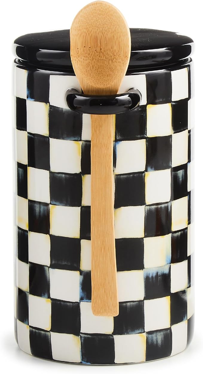 MACKENZIE-CHILDS Set of 1 Farmhouse Canister, Lidded Kitchen Canister with Spoon, Black-and-White Courtly Check