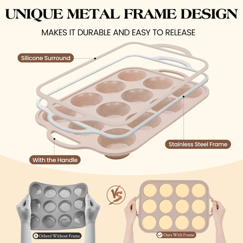 Vinino Silicone Muffin Pans for Baking with Metal Reinforced Frame, 12 Cups Regular Size Nonstick Brown Silicone Cupcake Pan, BPA Free Oven Dishwasher Safe Baking Mold for Muffins Cupcakes