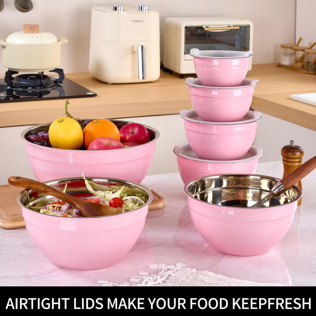 LKTDYMEG Pink Mixing Bowls with Lids Set of 7, Stainless Steel Nesting Bowl with Khaki Lid for Non-slip Mixing Prepping Storing Serving, 7 Sizes-7/3.6/2.7/2.1/1.5/1/0.8 QT