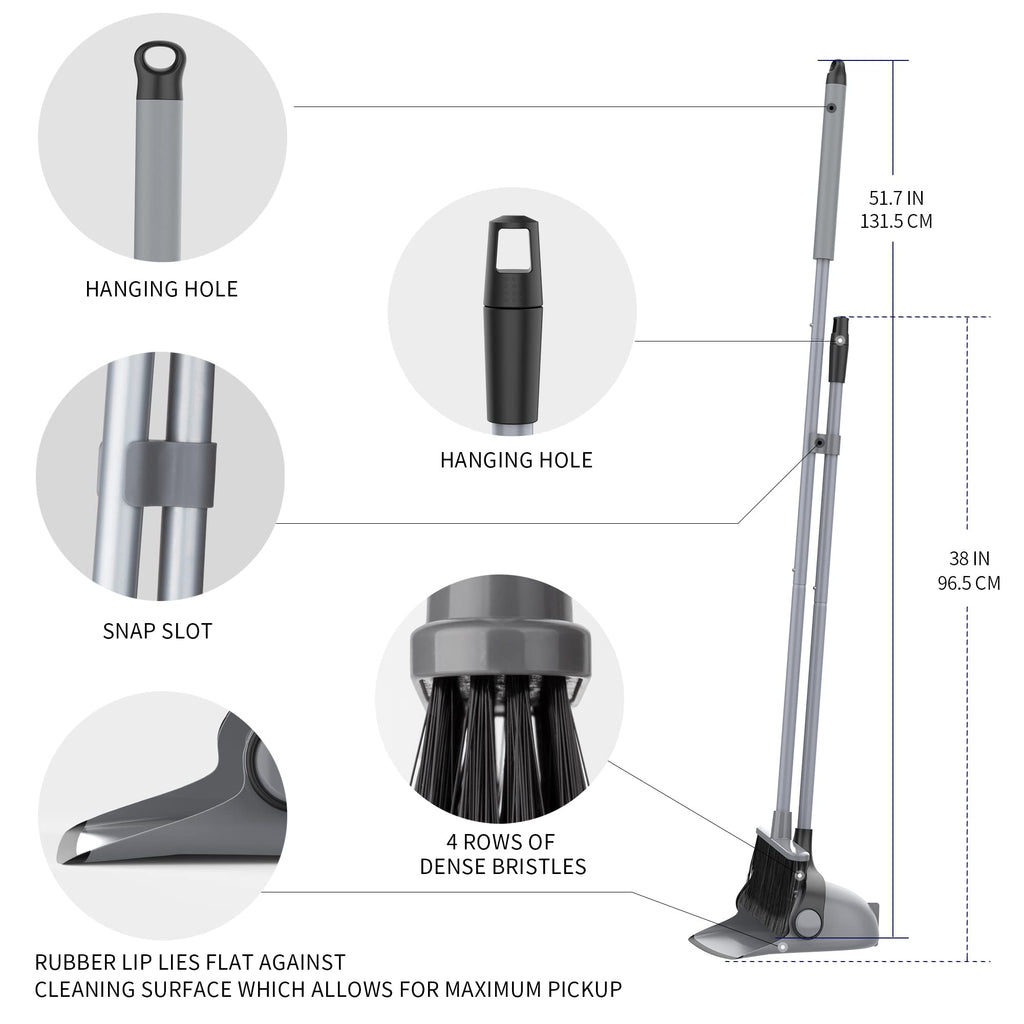 MR.SIGA Broom and Dustpan Set with Adjustable Long Handle, Gray