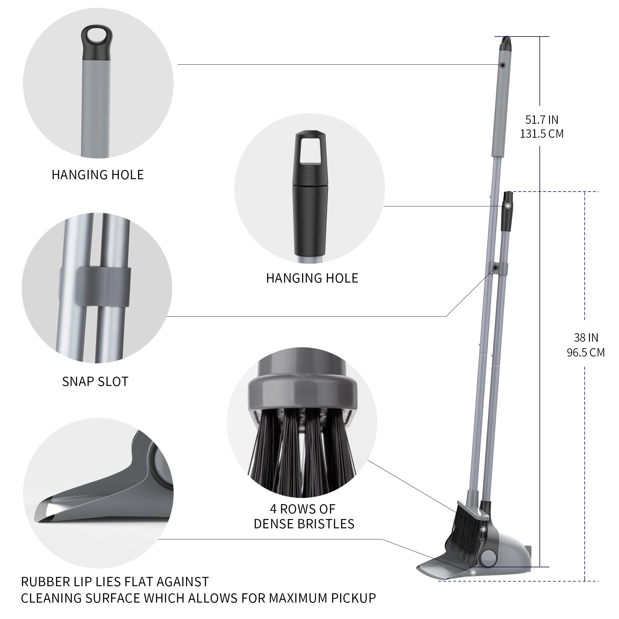 MR.SIGA Broom and Dustpan Set with Adjustable Long Handle, Gray