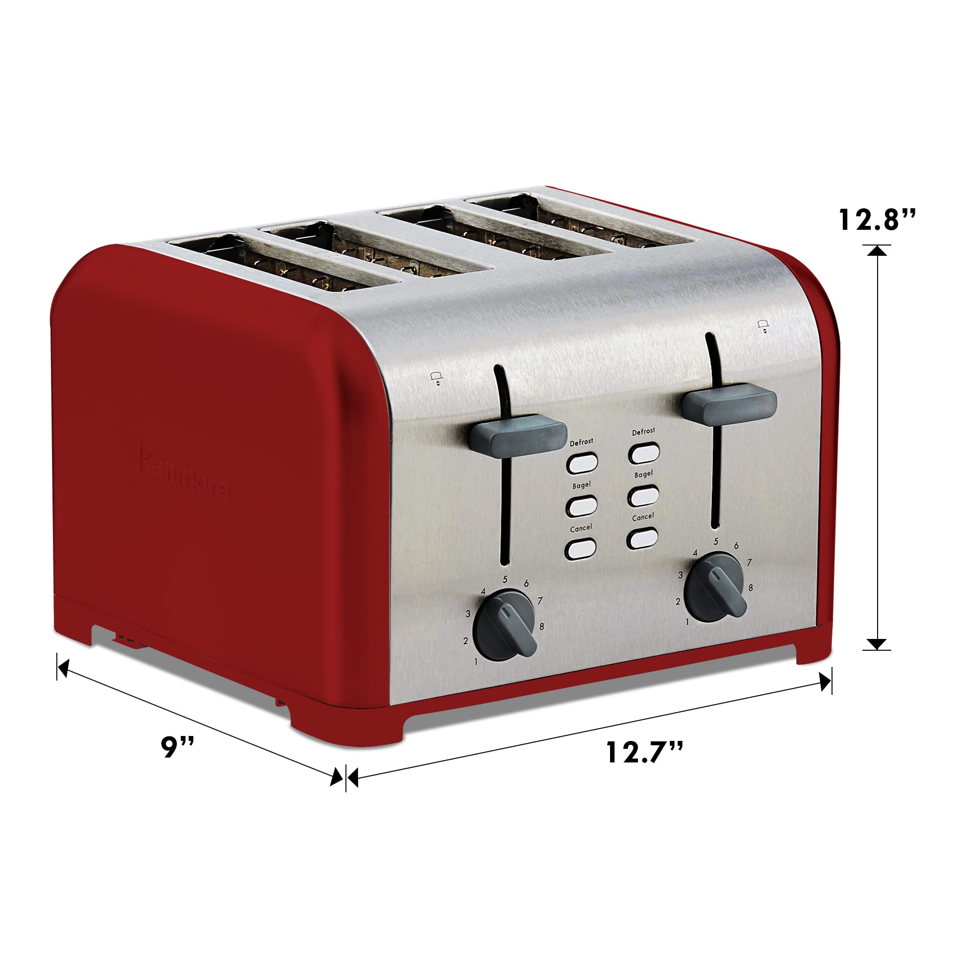 Slice Toaster, Red Stainless Steel, Dual Controls, Extra Wide Slots, Bagel and Defrost Functions, 9 Browning Levels, Removable Crumb Trays, for Bread, Toast, English Muffin, Toaster Strudel