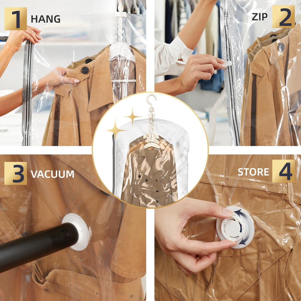 TAILI Hanging Vacuum Sealer Storage Space Saver Bags for Clothing,Travel, Suits and Jackets, Closet Organizers, 6 Pack Jumbo Clear