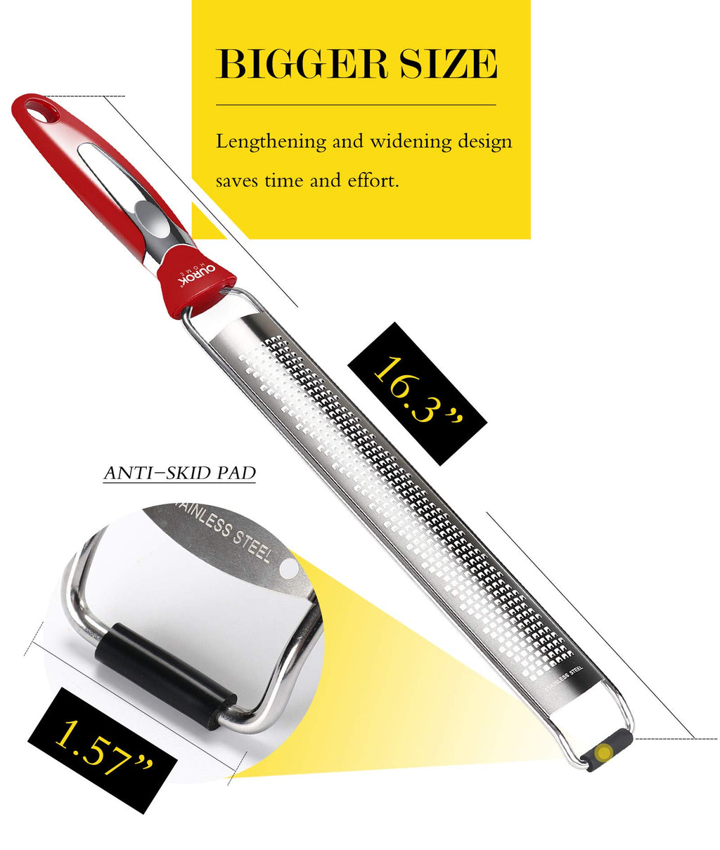 Ourokhome Kitchen Lemon Zester, Stainless Steel Hand Held Parmesan Cheese Grater for Ginger, Chocolate, Coconut, Lime, Nutmeg, Citrus, Fruit, Vegetable with Cleaning Brush, Dishwasher safe, Red