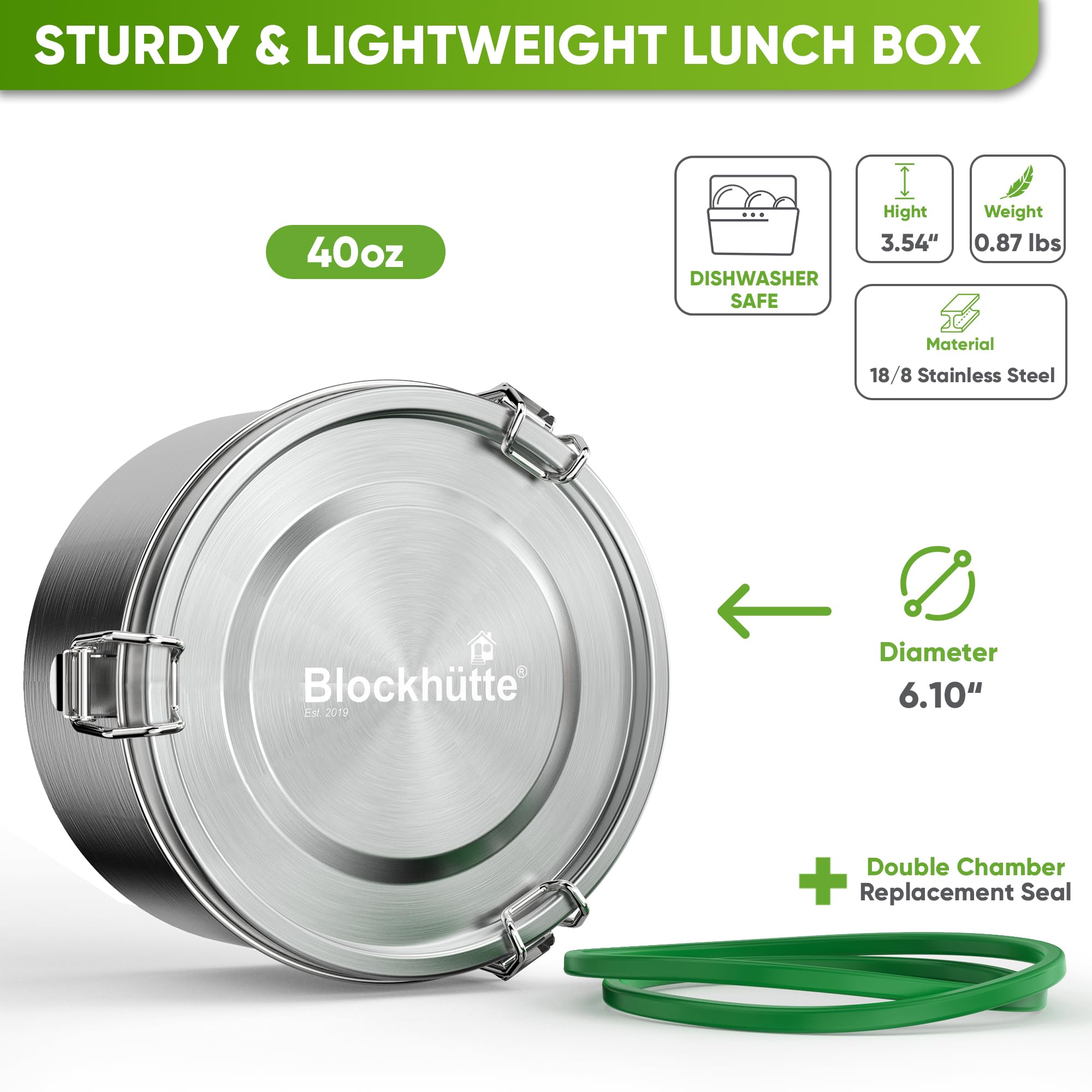Blockhütte Metal Lunch Container 40oz with Spork, Bento Box Adult Metal BPA Free, Stainless Lunch Box for Work Dishwasher Safe, Stainless Steel Food Storage Containers Leakproof