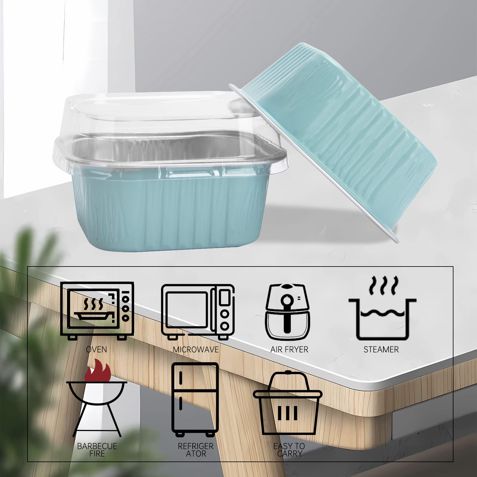 50 Pcs Mini Square Baking Cups with Lids,10oz Aluminum Foil Mini Cake Pans with Lids,Disposable Ramekins Cake Pans,300ml Dessert Cups Cupcake Pans for Wedding Birthday Party,Blue