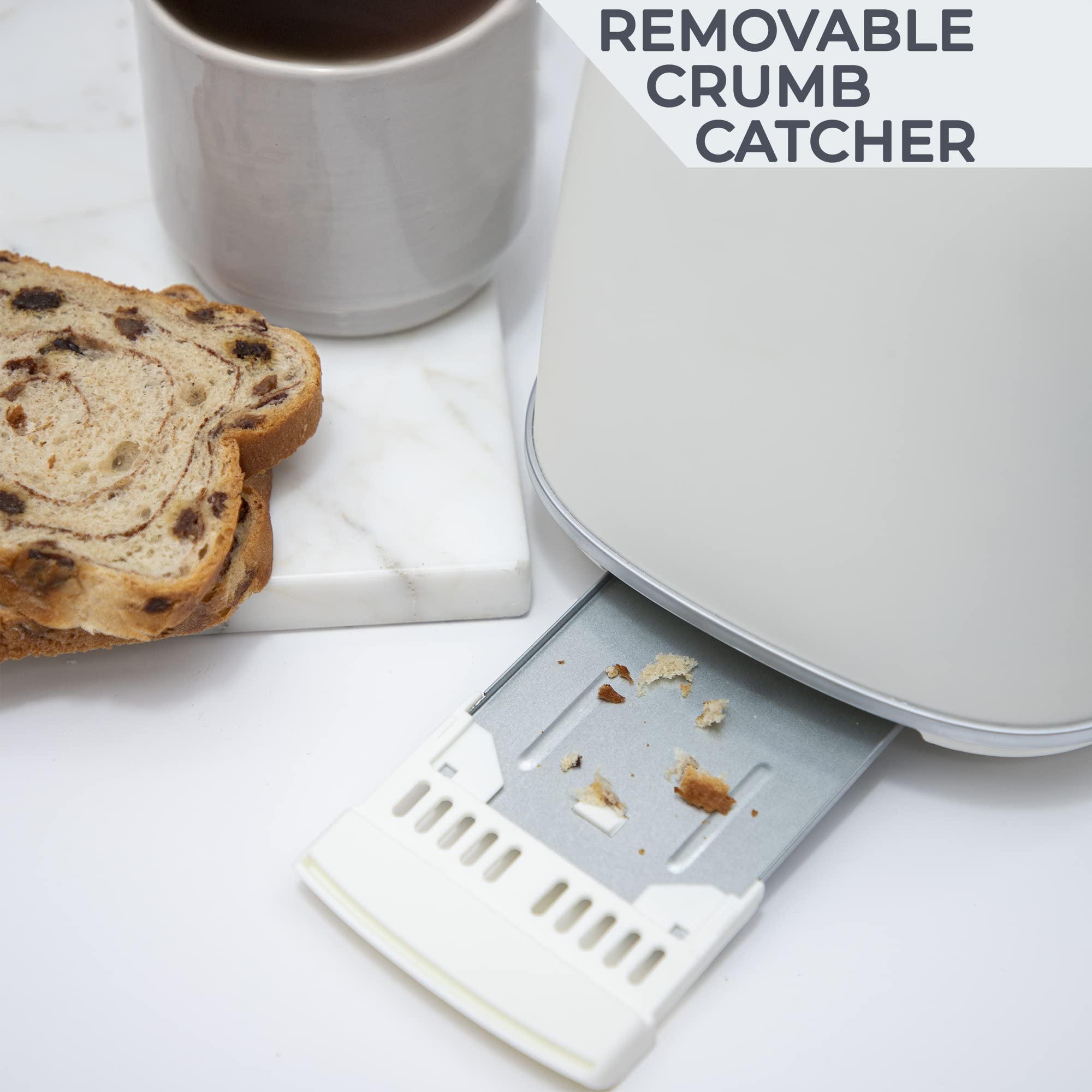 Rae Dunn Retro Rounded Bread Toaster, 2 Slice Stainless Steel Toaster with Removable Crumb Tray, Wide Slot with 6 Browning Levels, Bagel, Defrost and Cancel Options, Cream