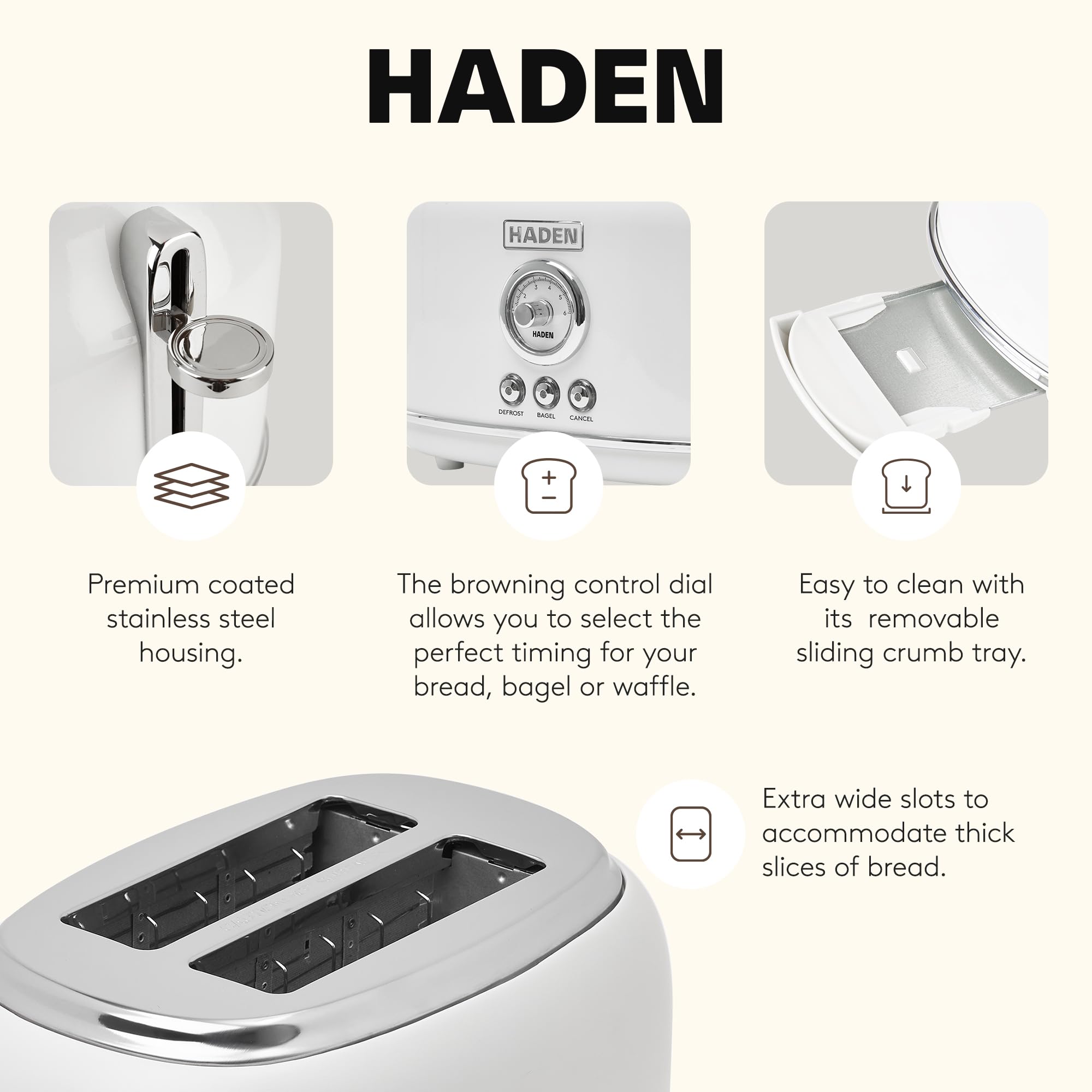 Haden Dorset 2 Slice Extra Wide Slot Toaster with Cool Touch Exterior, Removable Crumb Tray, and 6 Variable Browning Control, Ivory