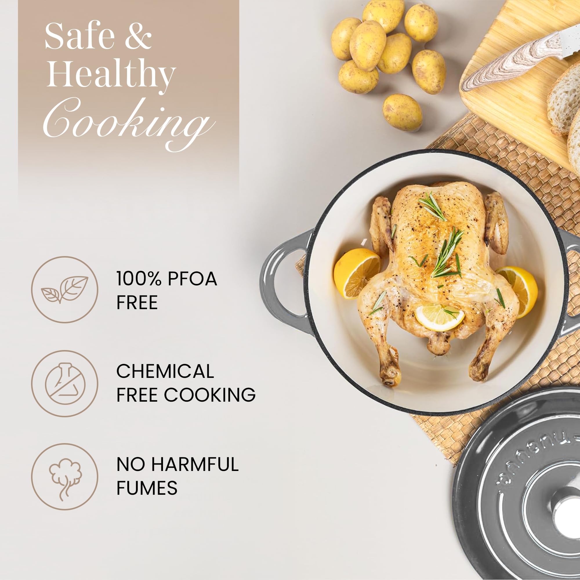 Cast Iron Pot with Lid-Non-Stick Ovenproof Enamelled Casserole Pot, Oven Safe up to 500° F-Sturdy Dutch Oven Cookware - Grey, 5-Quart, 24cm-by Nuovva