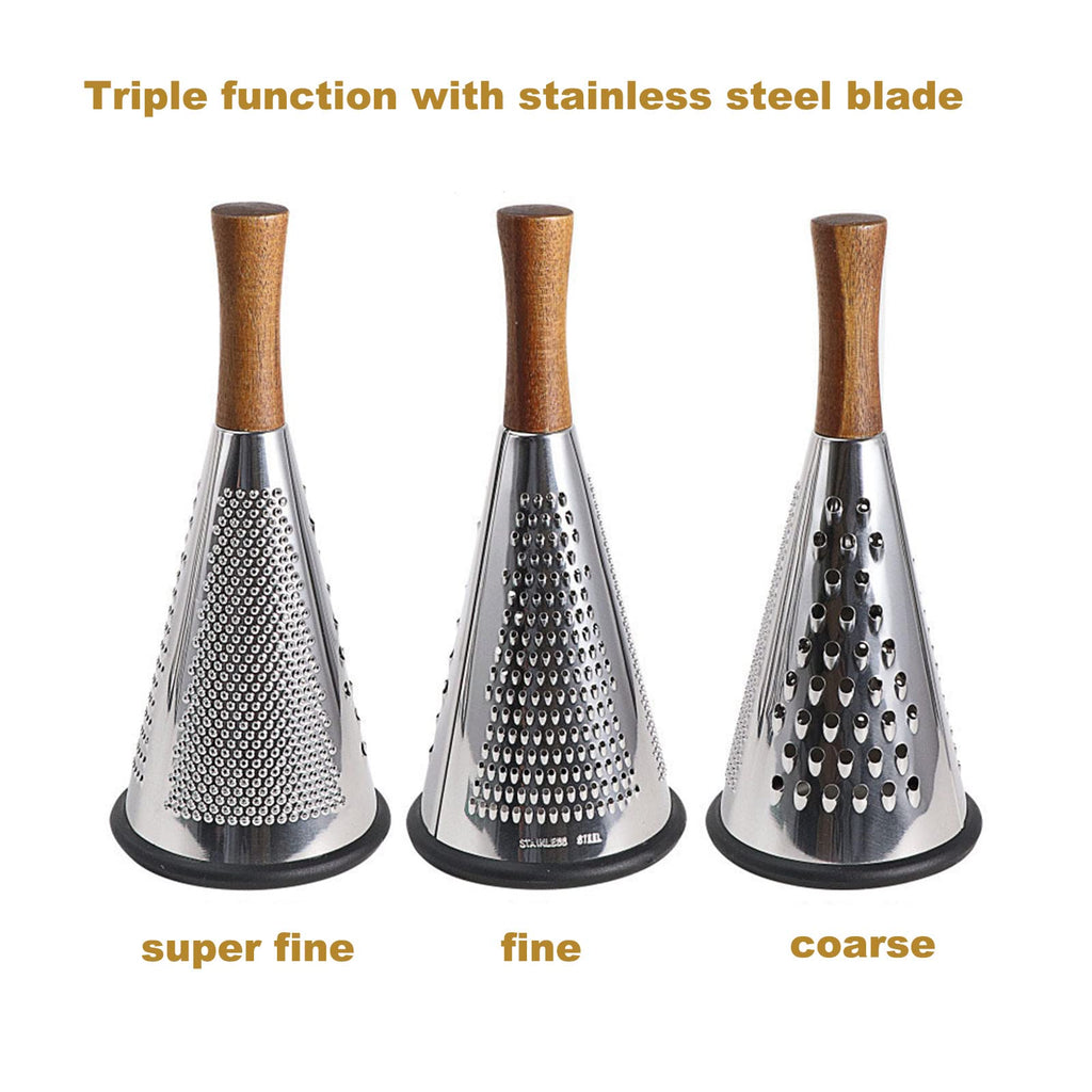 Cone Cheese Grater with Handle Stainless Steel Triple Function Wood Handle Parmesan Shaver Non-Slip Rubber Bottom Hand Held Multifunction Vegetables Cheese Grater with container (L: 10.6" X 4.7")