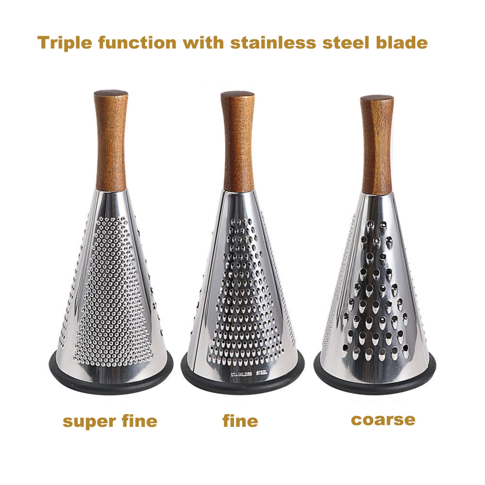 Cone Cheese Grater with Handle Stainless Steel Triple Function Wood Handle Parmesan Shaver Non-Slip Rubber Bottom Hand Held Multifunction Vegetables Cheese Grater with container (L: 10.6" X 4.7")
