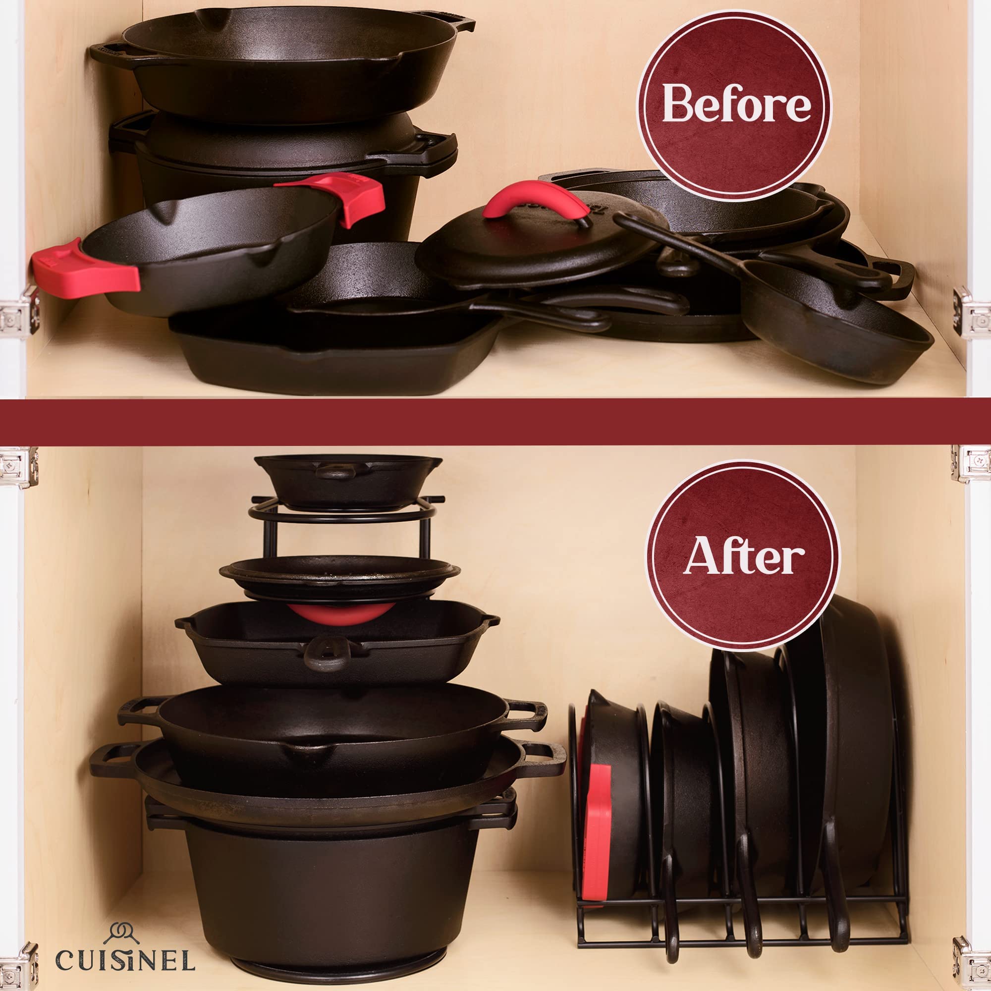 Cuisinel Pan Organizer for Cast Iron, 60-100LB, Extra Large 5-Tier Rack, Matte Black 15.9"