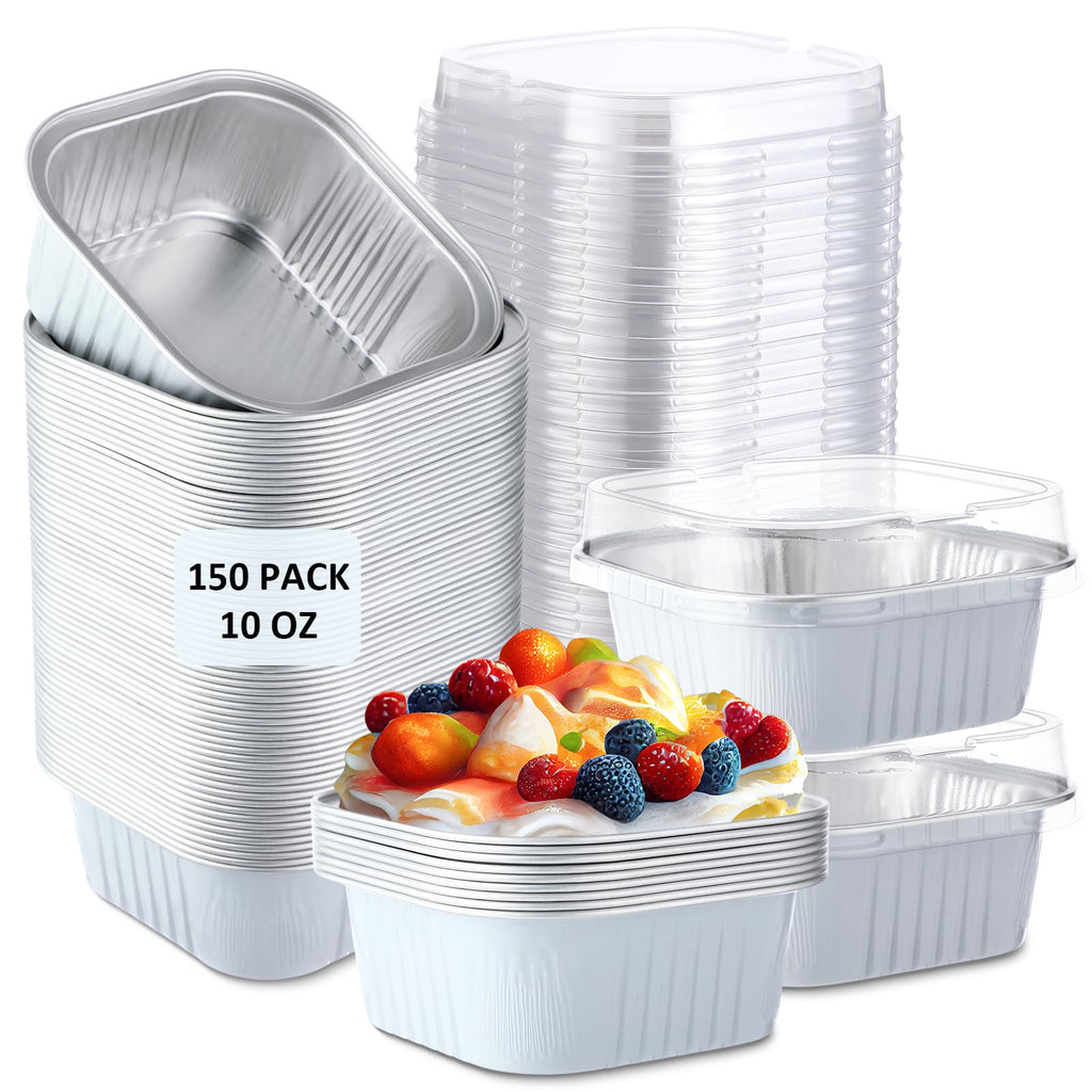 Aoriher 150 Pcs 10 oz Mini Cake Pans with Lids Aluminum Foil Baking Cup Disposable Square 4 x 4 Large Baking Tin, Muffin Pan Cheesecake Kitchen Brownie Pudding Desserts Holder(White)