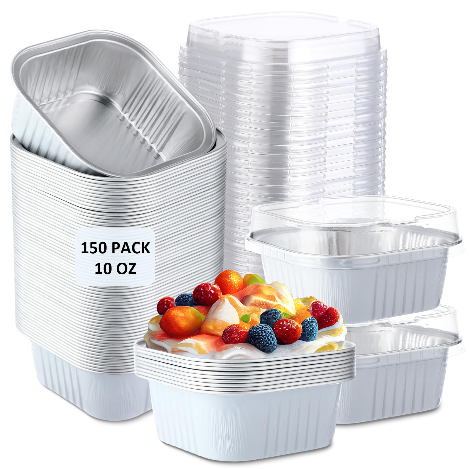 Aoriher 150 Pcs 10 oz Mini Cake Pans with Lids Aluminum Foil Baking Cup Disposable Square 4 x 4 Large Baking Tin, Muffin Pan Cheesecake Kitchen Brownie Pudding Desserts Holder(White)