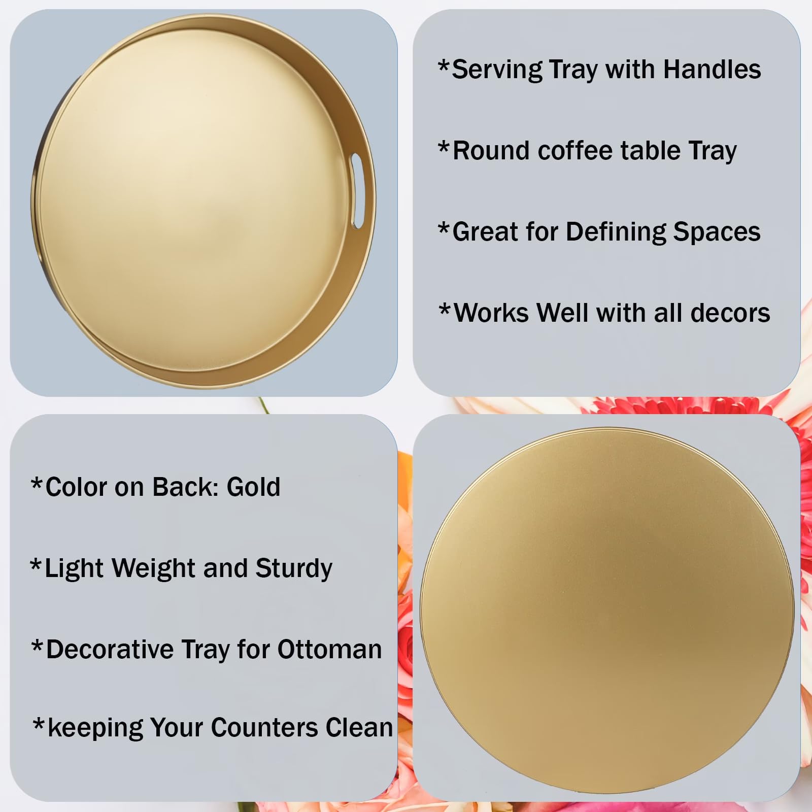 SforGUVA Round Gold Decorative Serving Tray with Handles, 13” Versatile Ottoman Tray for Coffee Table, Entertaining, Outdoor Patio, Living Room