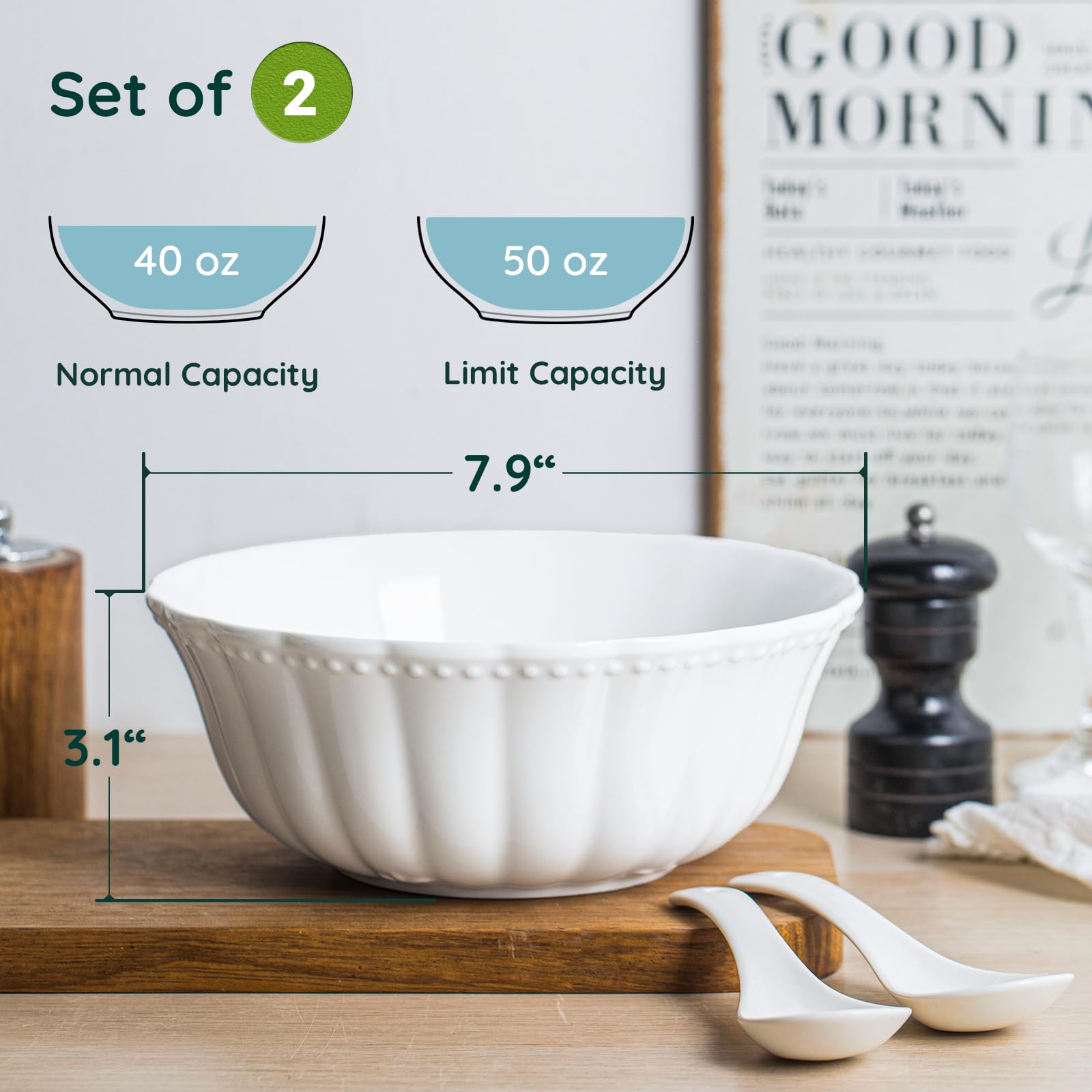 HOMBENE Pasta Bowls, 8 Inch Oatmeal Bowls, Kitchen Bowl Set, Mixing bowl Set, Salad bowl, Microwave and Dishwasher Safe, Set of 2