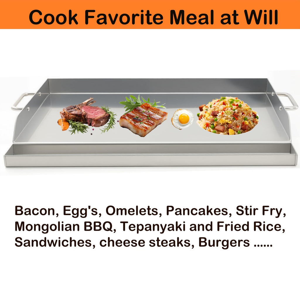 DEWOSEN Universal Stainless Steel Griddle Flat Top Plate Grill-Top Griddle Pan with Even Heating Cross Bracing for BBQ Charcoal/Gas Grills, Camping, Tailgating, and Parties (23"*16")