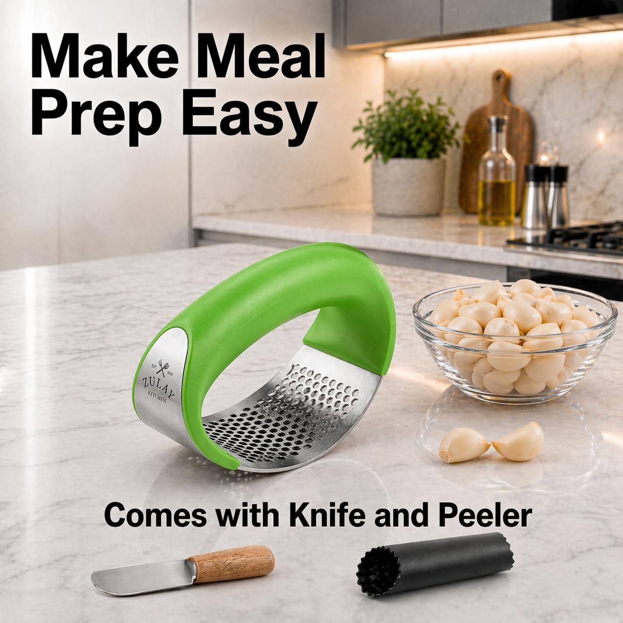 Zulay Kitchen Stainless Steel Garlic Press Rocker Set - Premium Garlic Mincer Garlic Crusher - New Innovative Garlic Crusher with Peeler and Scraper - Comfortable Grip (Green)