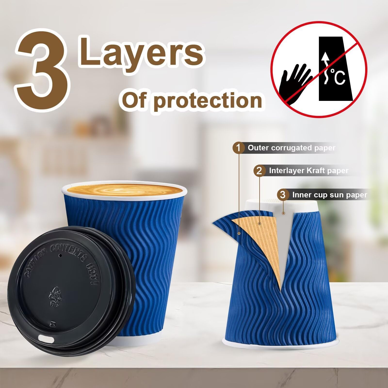 Clawsoff 100 Pack 12 oz Coffee Cups with Lids Disposable Insulated Cup Navy