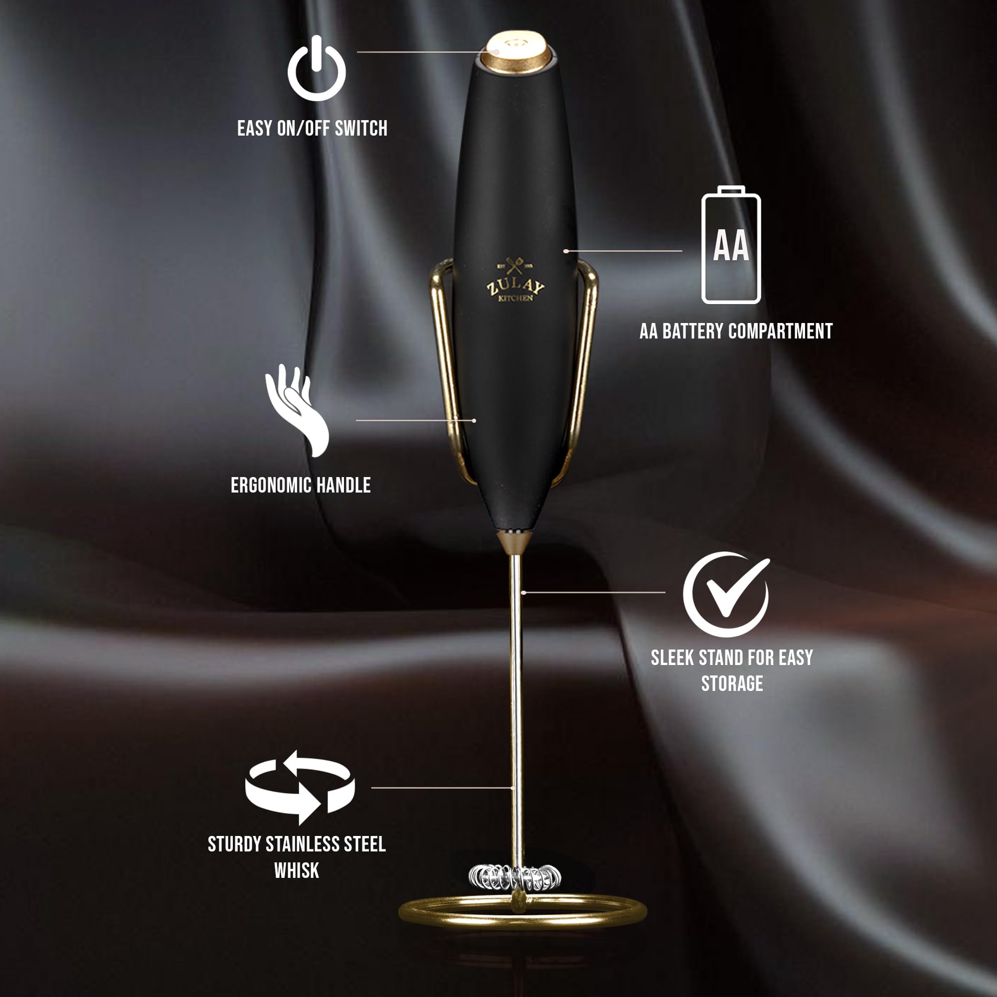 Zulay Kitchen Powerful Milk Frother Wand With Duracell Batteries - Ultra Fast Handheld Drink Mixer - Electric Whisk Foam Maker for Coffee, Lattes, Cappuccino & Matcha - Z1 Motor - Exec Black Gold