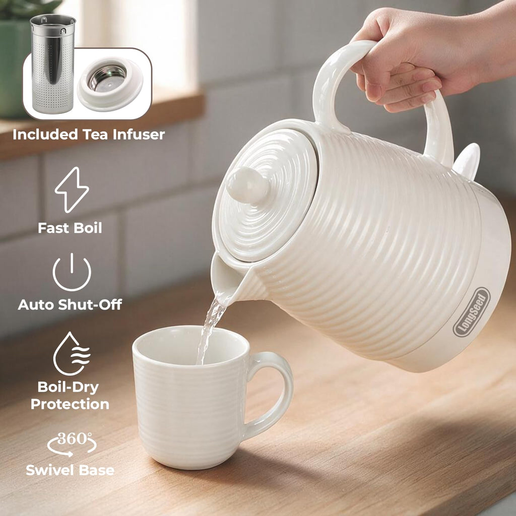 LONGSEED 1000W Ceramic Electric Kettle with 4 Mugs & Infuser, 1.2L Rapid Boil, Ideal Gift for Housewarming, Wedding, Tea Lovers, Auto Shut-Off, Boil-Dry Protection