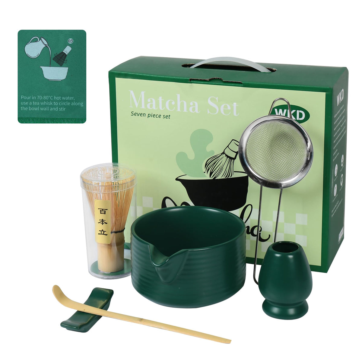 Dark Green Matcha Set,Matcha Whisk Set with Holder, Stainless Sifter & Scoop, Tea Towel,Traditional matcha making set,green tea ceremony,7Pcs