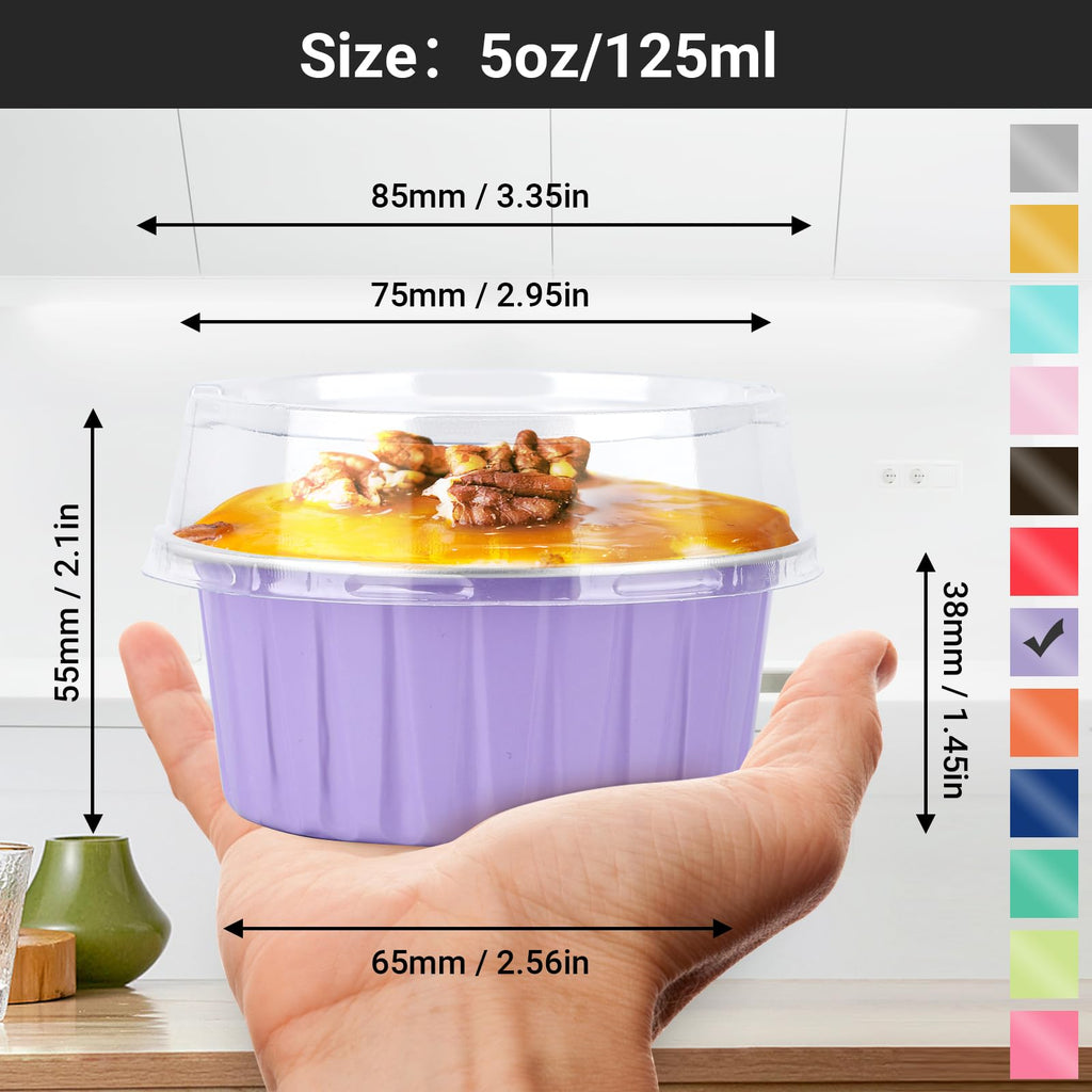 EUSOAR Disposable Ramekins with Lids, 5oz 100pcs Muffin Liners Cups with Lids, Creme Brulee Foil Ramekins, Aluminum Foil Cupcake Baking Cups, for Party Favor Birthday -Light Purple