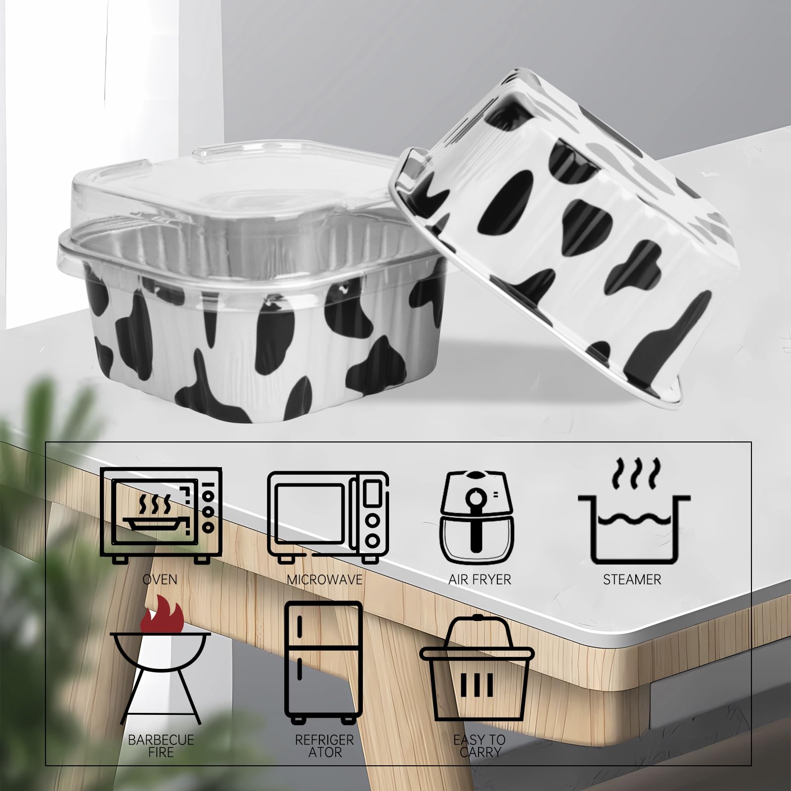 50 Pcs Mini Square Baking Cups with Lids,5oz Aluminum Foil Mini Cake Pans with Lids,Disposable Ramekins Cake Pans,150ml Dessert Cups Cupcake Pans for Wedding Birthday Party,Cowprint