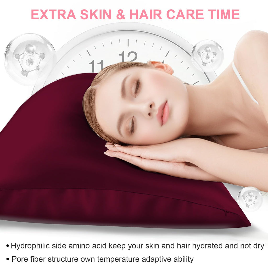 LYSHIN Silk Pillow Cases 2 Pack Standard Size with Zipper, Burgundy