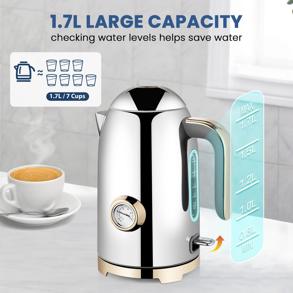 SUSTEAS 57oz Electric Kettle with Thermometer, Hot Water Pot, Glossy Silver