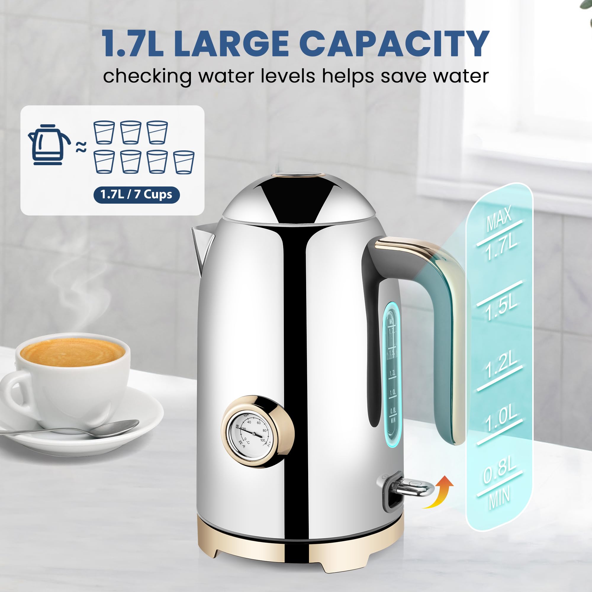 SUSTEAS 57oz Electric Kettle with Thermometer, Hot Water Pot, Glossy Silver