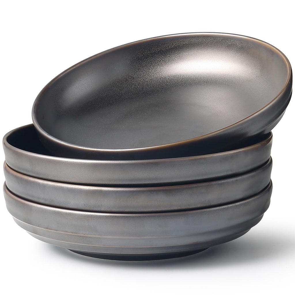 HAPPY KIT Stoneware 9'' Pasta Bowls 42oz Set of 4, Bronze Gray