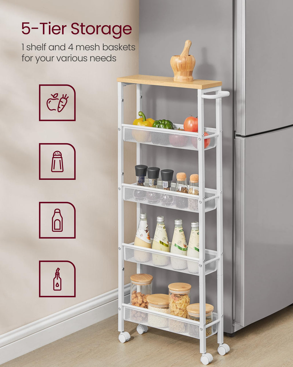 VASAGLE Slim Rolling Cart, 5-Tier Storage Cart, Narrow Cart with Handle, 5.1 Inches Deep, Metal Frame, for Kitchen, Dining Room, Living Room, Home Office, Oak Beige and Classic White ULRC034W09