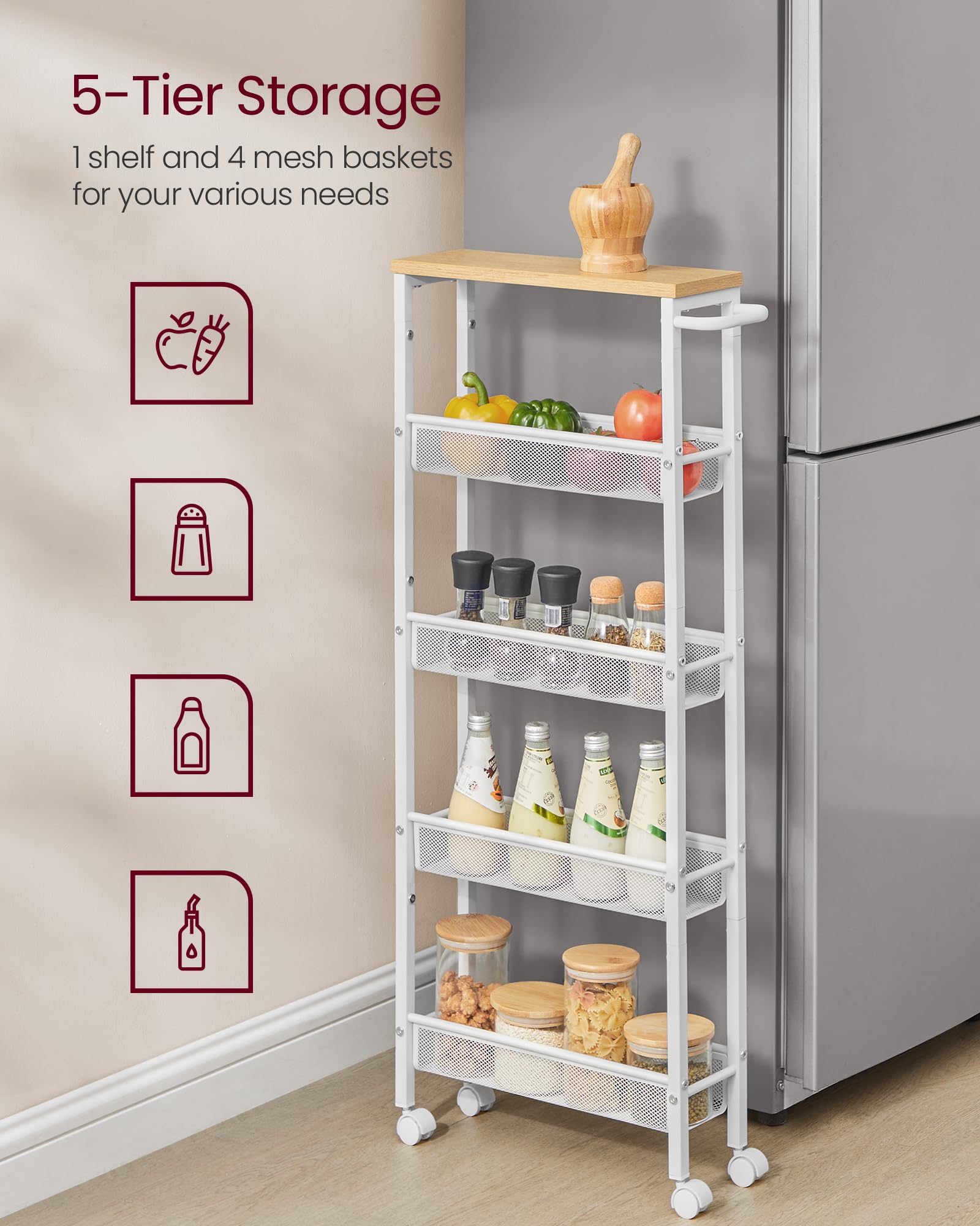 VASAGLE Slim Rolling Cart, 5-Tier Storage Cart, Narrow Cart with Handle, 5.1 Inches Deep, Metal Frame, for Kitchen, Dining Room, Living Room, Home Office, Oak Beige and Classic White ULRC034W09