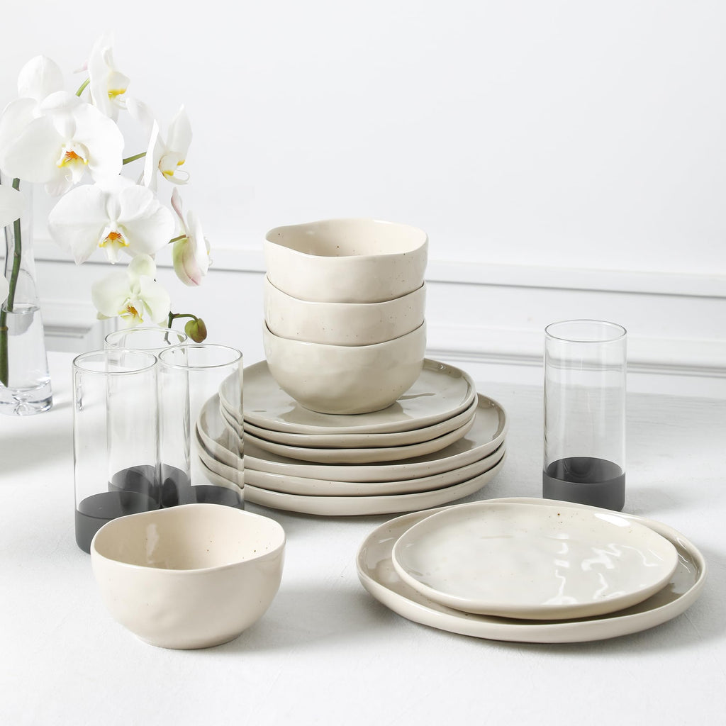 Stone Lain Mirella 16-Piece Dinnerware Set Stoneware, Borosilicate Glass, Beige