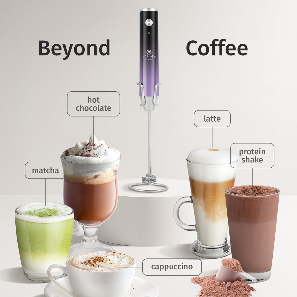 Zulay Kitchen Rechargeable Milk Frother Handheld - Frother Wand, Drink Mixer, Electric Whisk Frother, for Cappuccinos, Matcha & Protein Powder - Lux Double Whisk 2 Speed Waterproof 2000mAh Purple