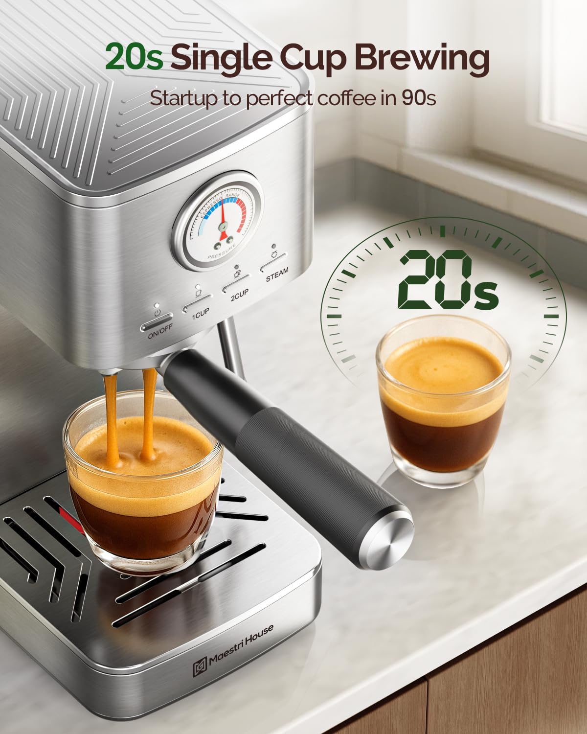Maestri House Slim Espresso Machine with Milk Frother, 20 Bar Italian Pump