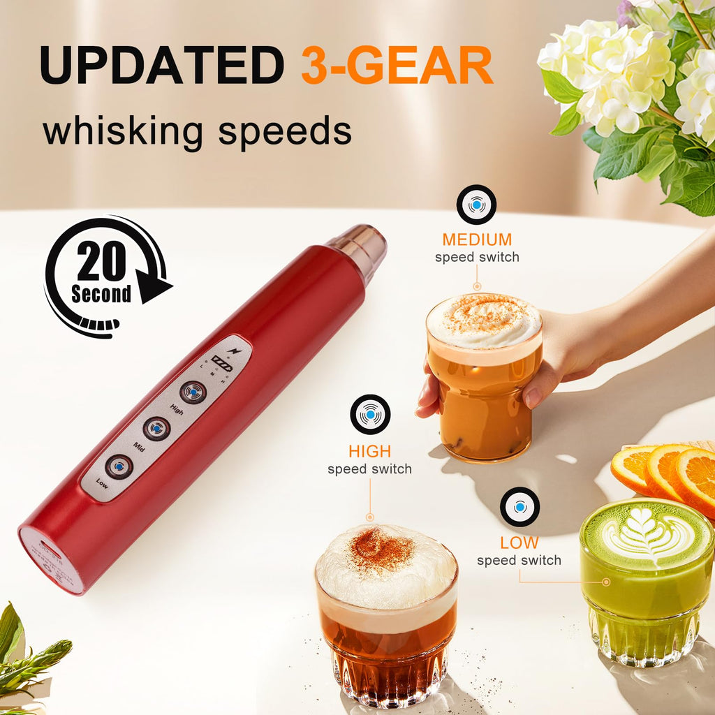 YUSWKO Handheld Milk Frother Wand for Coffee, Rechargeable Electric Whisk with 3 Heads 3 Speeds Drink Mixer Coffee Frother For Latte, Cappuccino, Hot Chocolate, Egg, Red