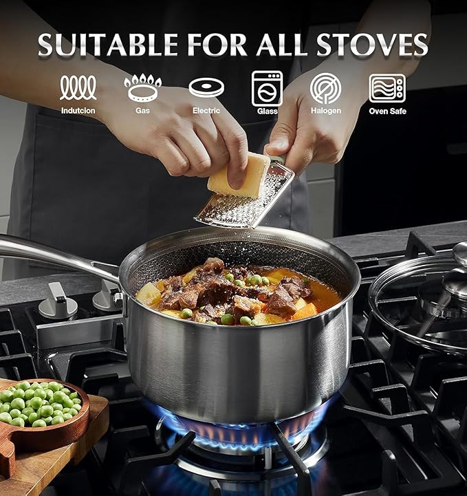 KOCH SYSTEME CS Hybrid Nonstick Stainless Steel Sauce Pan 3QT, Tri-ply Stainless Steel Pot with Honeycomb Interior, Hybrid Sauce Pan with Lid, 18/10 Steel Pot, Induction Compatible