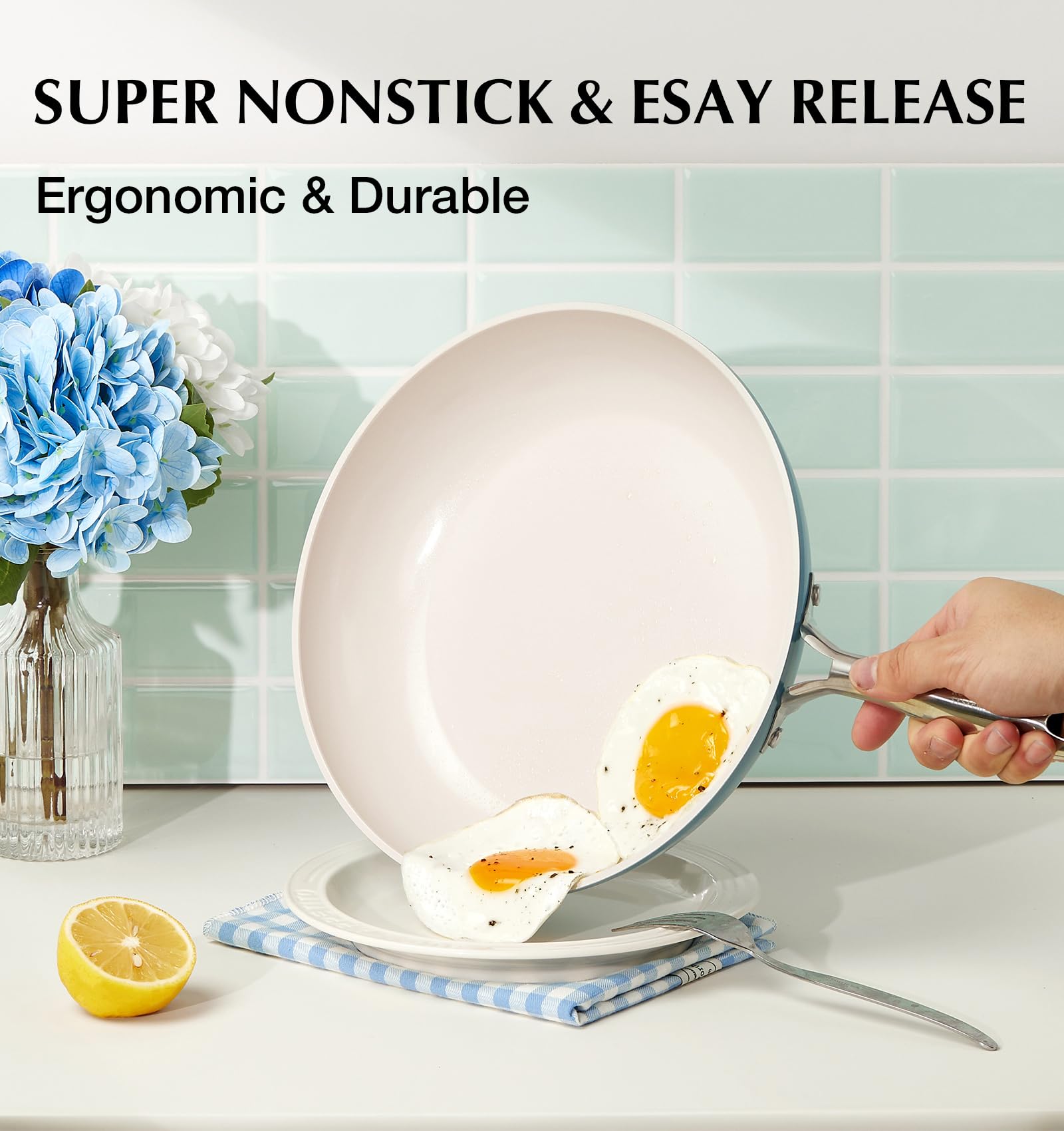 KOCH SYSTEME CS 10 Inch Frying Pan with Lid, Ceramic Nonstick Frying Pan with Stay-Cool Stainless Steel Handle, 10 Inch Skillet, Omelet Pan with Nonstick Ceramic Coating, PFOA Free, Oven Safe, Blue