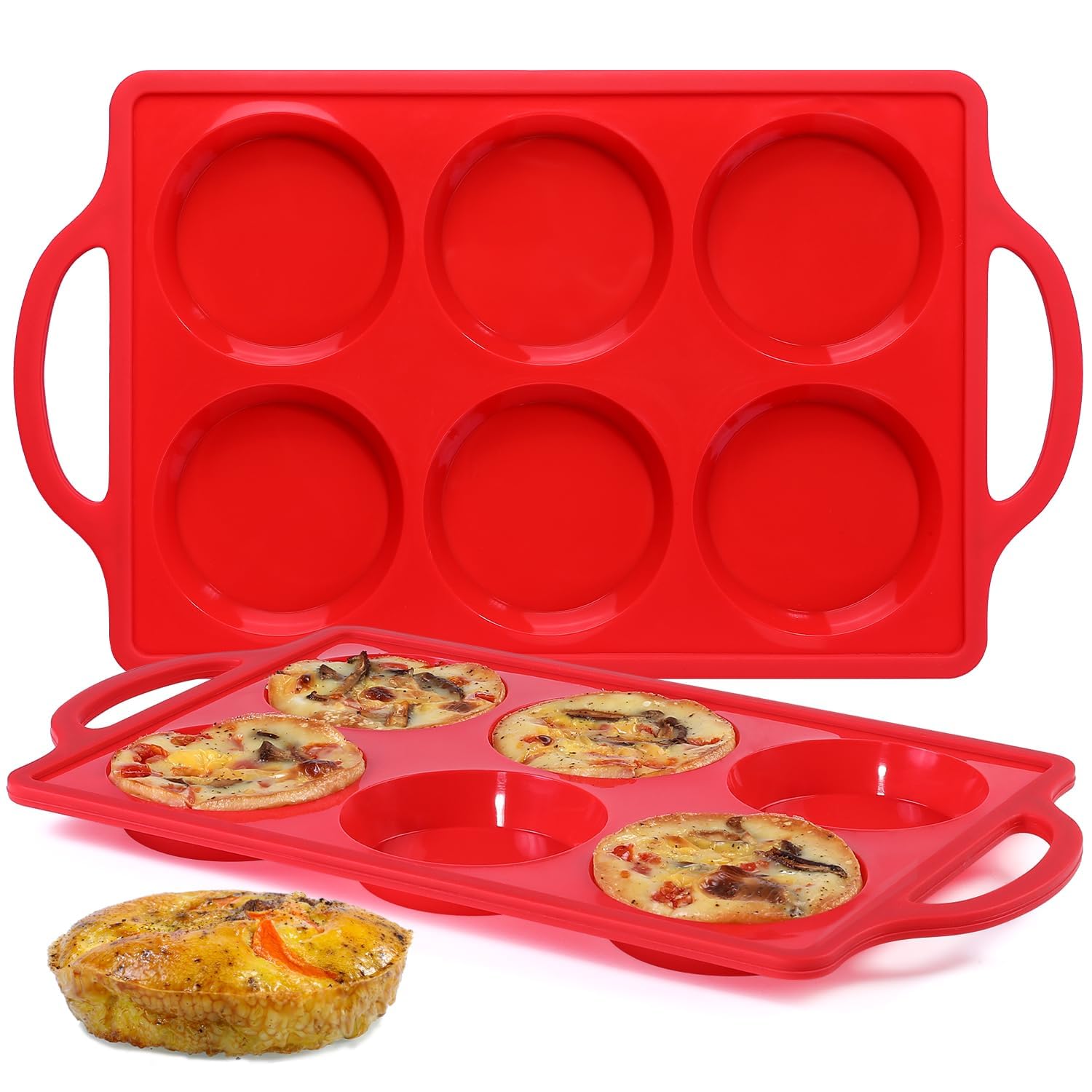 Silicone Egg Molds, 3 Inch Muffin Top Pans Non Stick with Metal Framed, Baking Pan for Breakfast Sandwiches, English Muffins, Whoopie Pies, Corn Bread, Egg Bites, Hamburger Bun, Tarts 2 Pack Red
