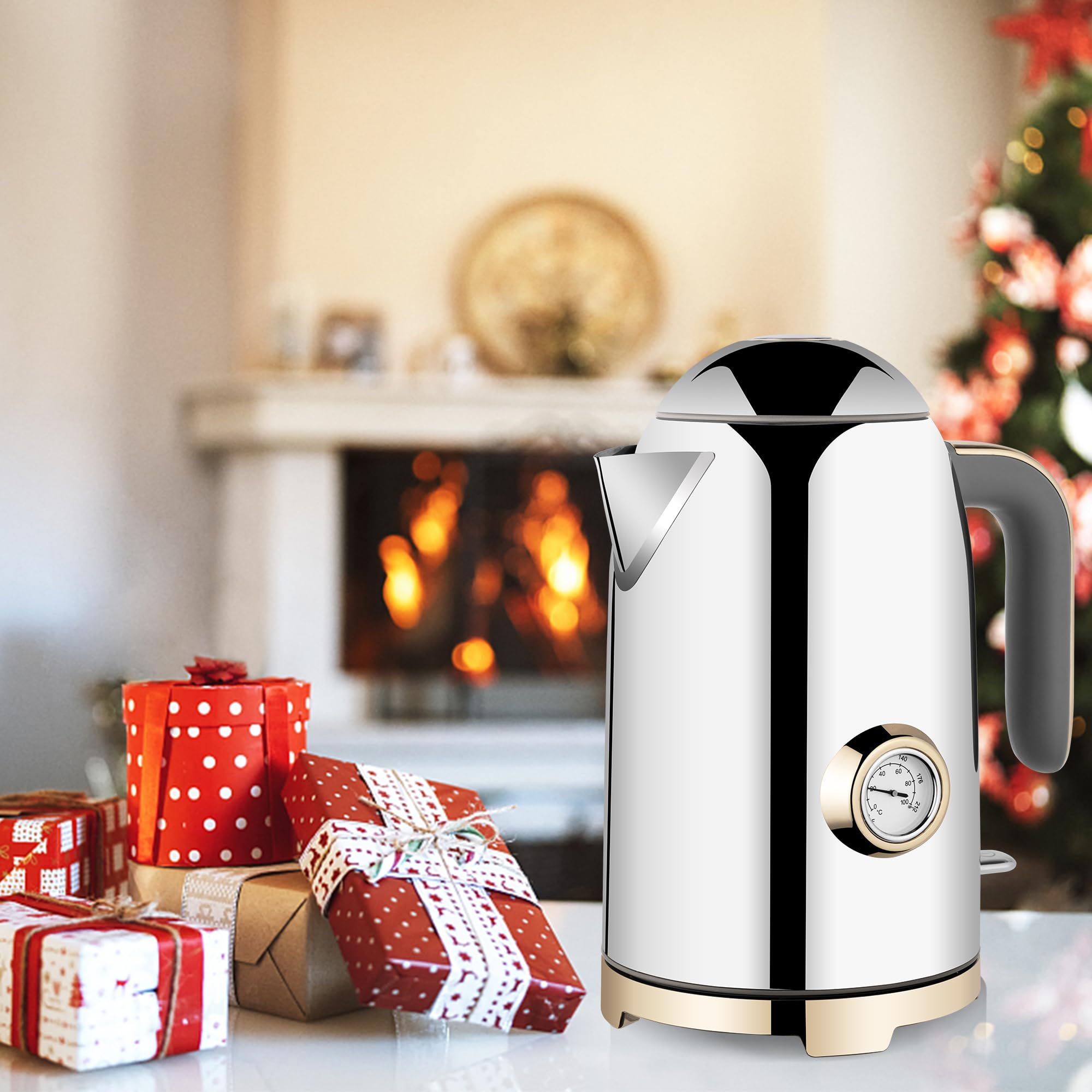 SUSTEAS 57oz Electric Kettle with Thermometer, Hot Water Pot, Glossy Silver