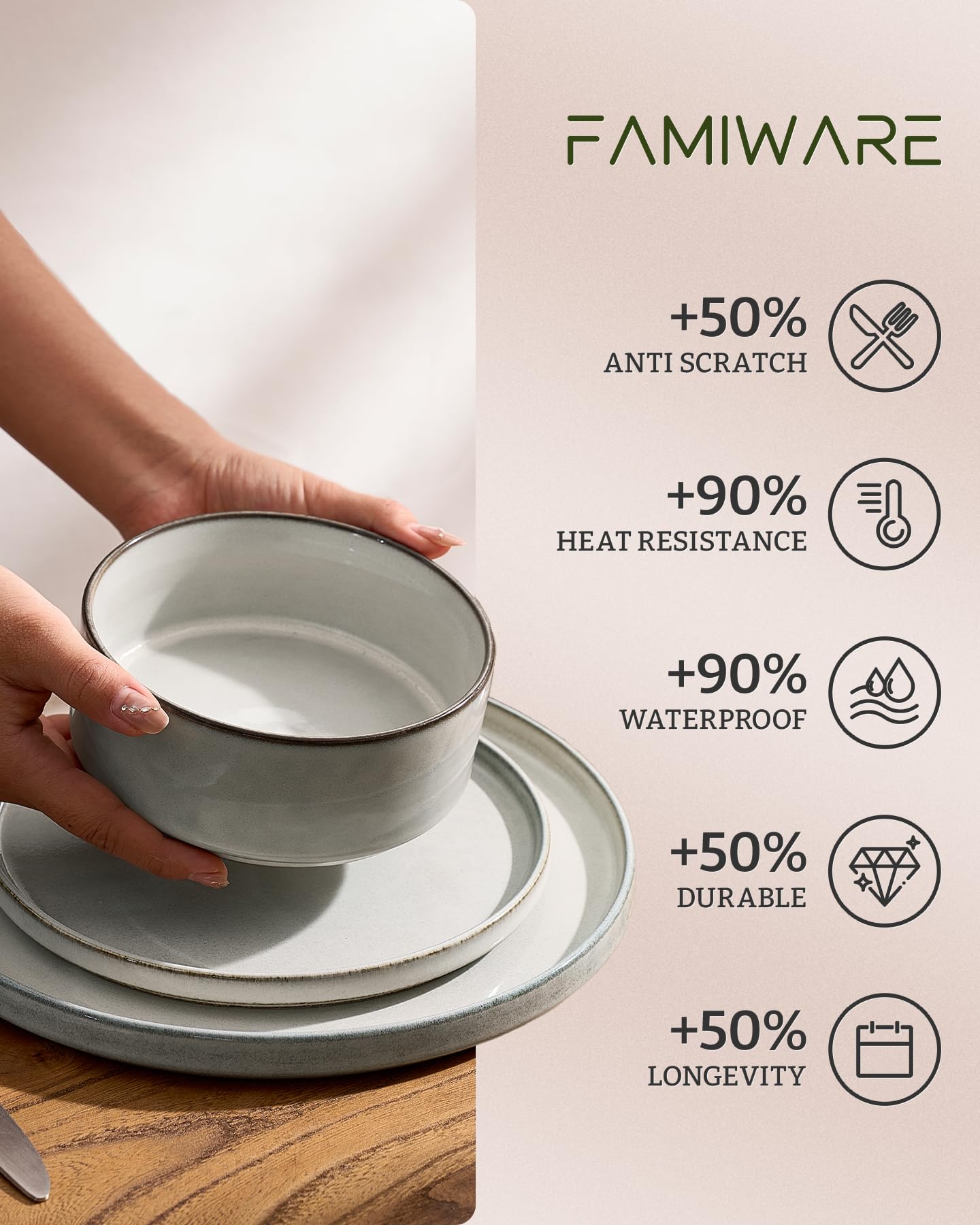 Famiware Annecy 12-Piece Stoneware Dinnerware Set, Grey White