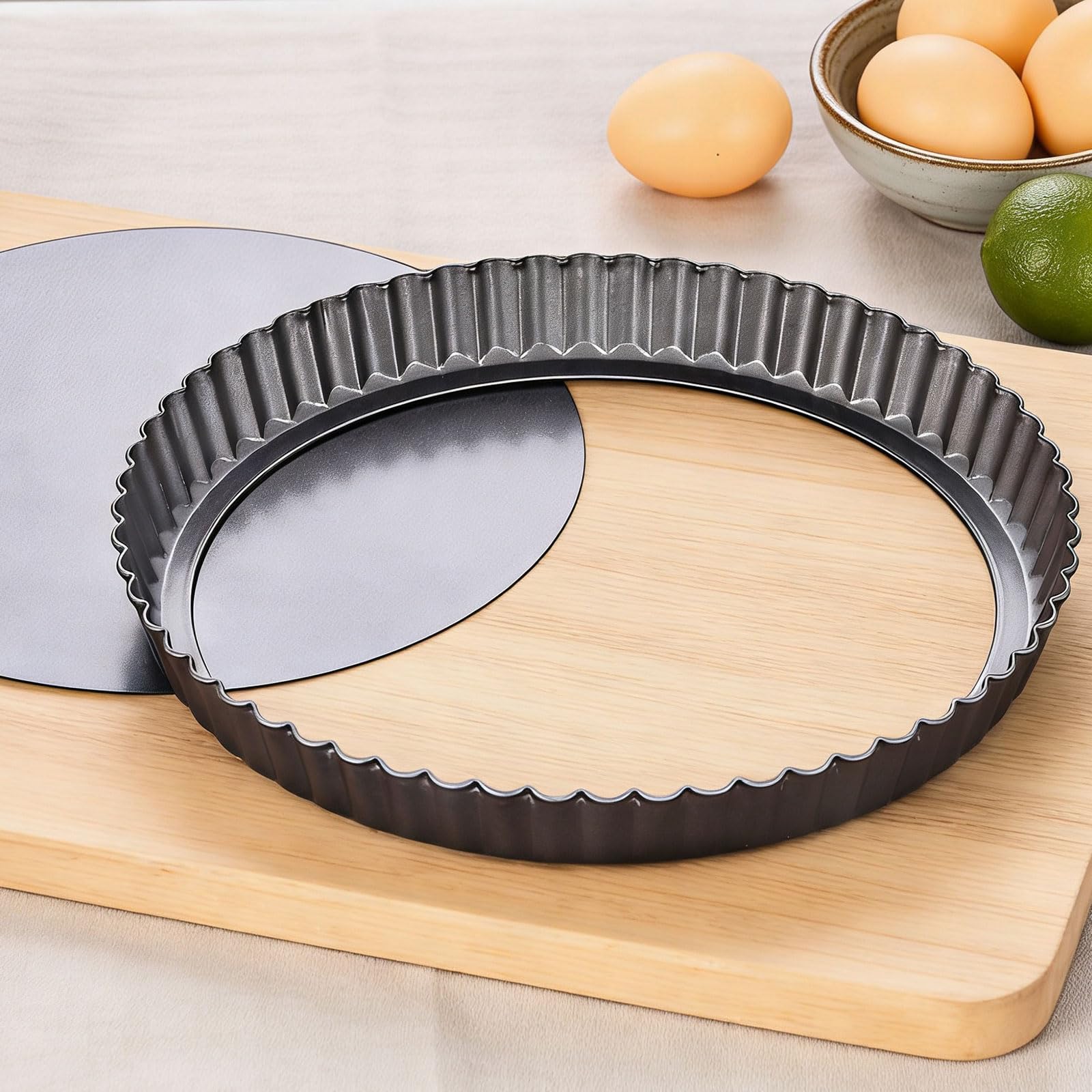 KUAYB 10 Inch Nonstick Tart Pan with Removable Bottom, Carbon Steel Quiche and Pie Pan- 1.1-Inch Depth, Fluted Edges for Baking Tarts, Quiches, Mousse Cakes, and Desserts