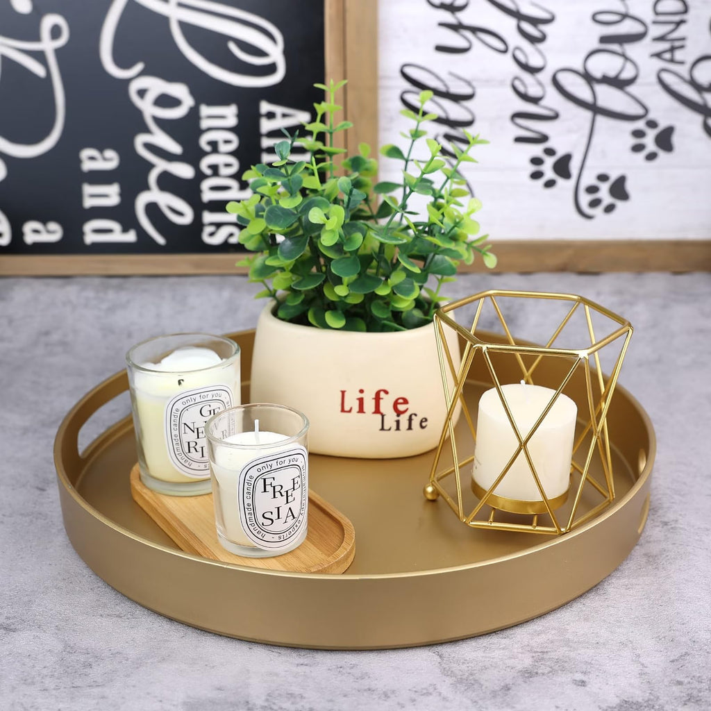 SforGUVA Round Gold Decorative Serving Tray with Handles, 13” Versatile Ottoman Tray for Coffee Table, Entertaining, Outdoor Patio, Living Room