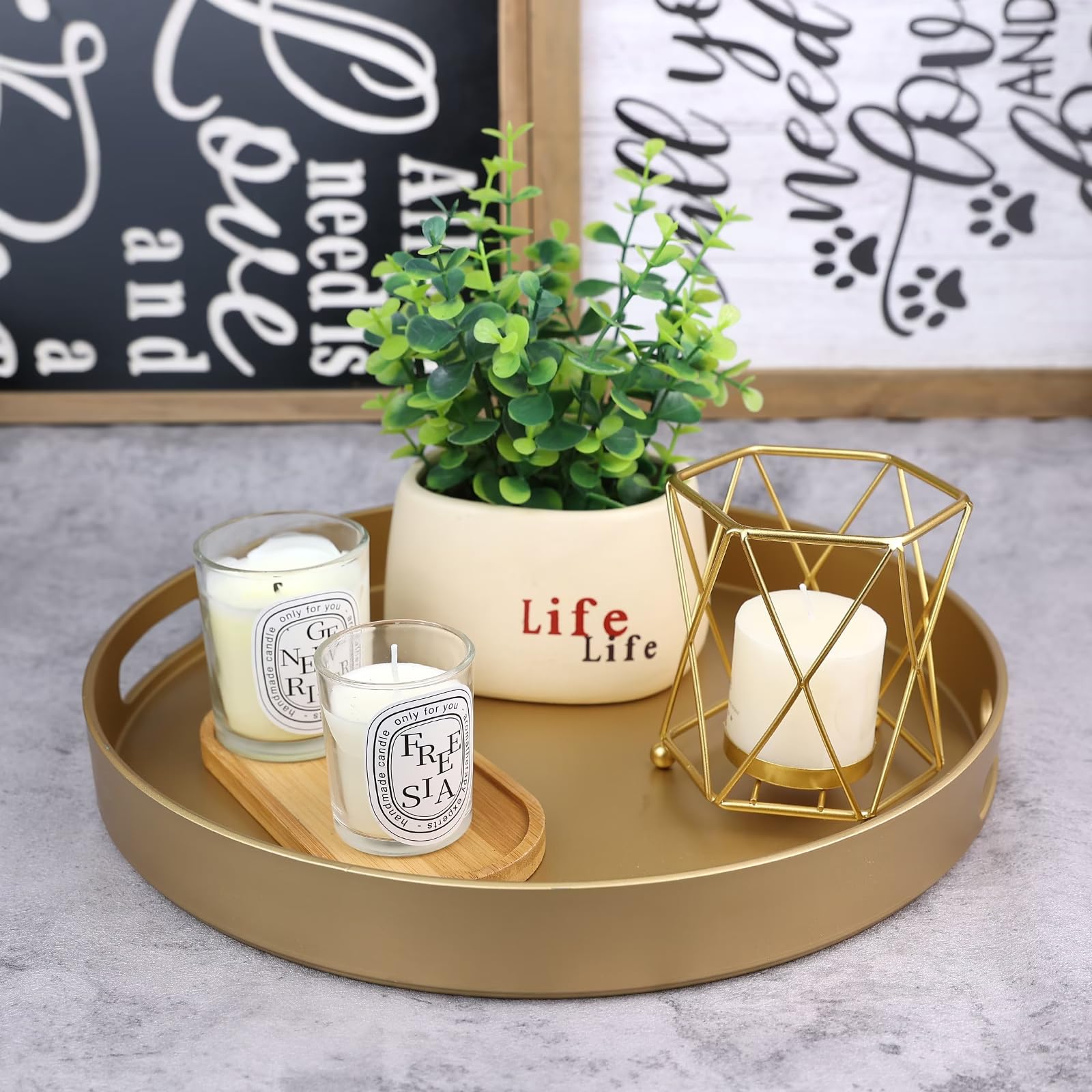 SforGUVA Round Gold Decorative Serving Tray with Handles, 13” Versatile Ottoman Tray for Coffee Table, Entertaining, Outdoor Patio, Living Room