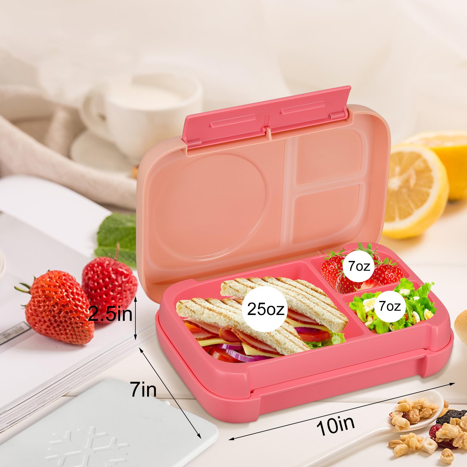 JXXM Bento Box for Kids,Kids Bento Lunch Box with Built-in Ice Pack for School,3 Compartments Leak Proof Lunch Container with Utensils for Girl Boy;BPA Free,Microwave & Dishwasher Safe, 44oz(Pink)