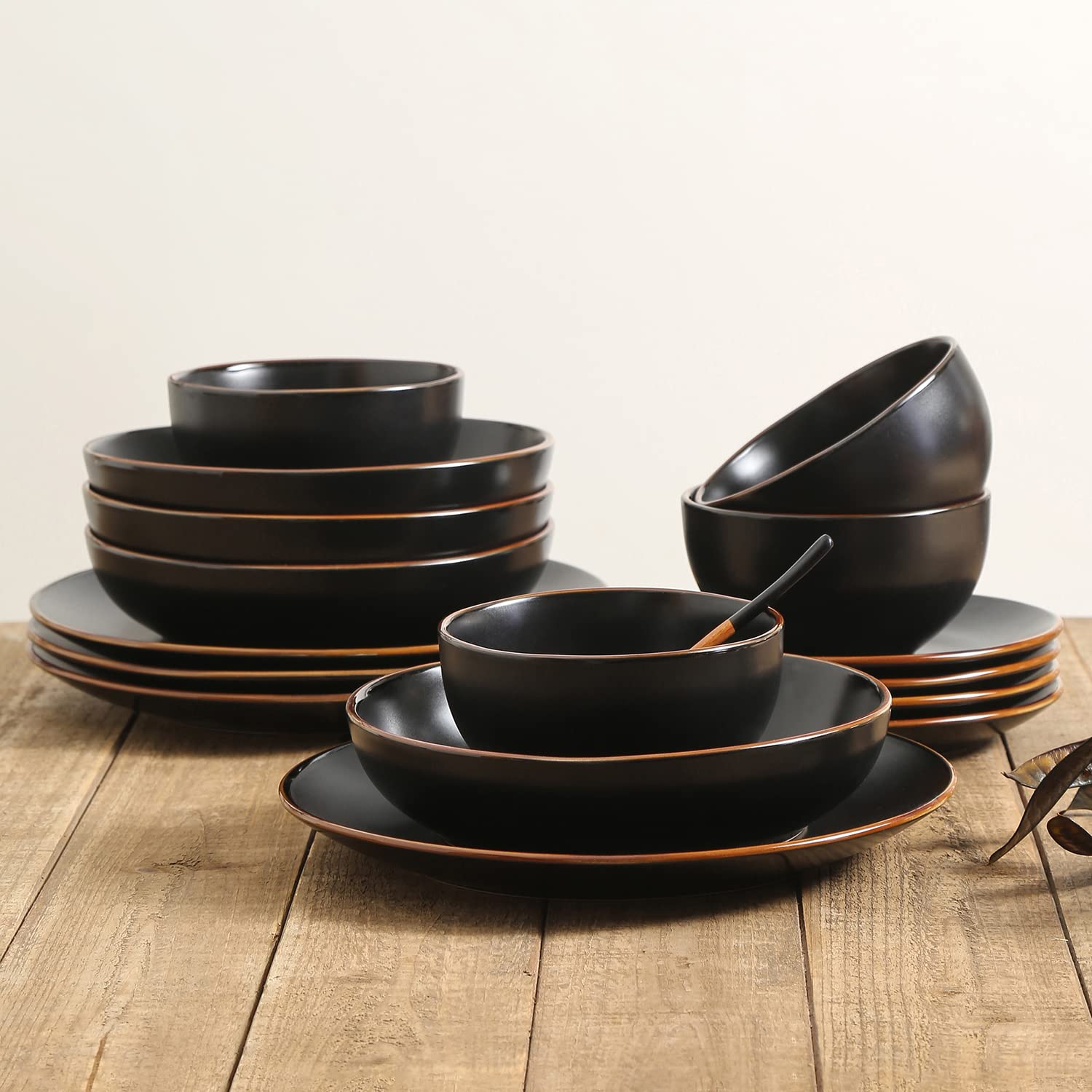 Stone Lain Brasa Stoneware 16 Piece Modern Dinnerware Set, Plates and Bowls, Service for 4, Black, Microwave & Dishwasher Safe
